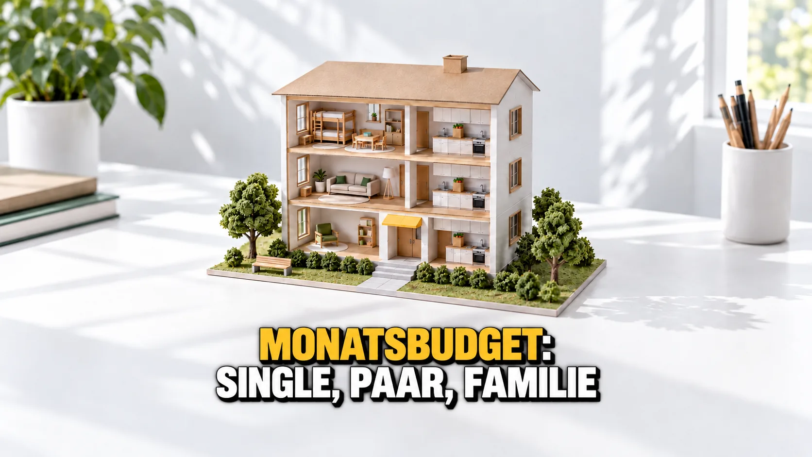 Kartonmodell eines aufgeschnittenen Wohnhauses mit drei Wohnungen, für eine Einzelperson, ein Paar und eine Familie