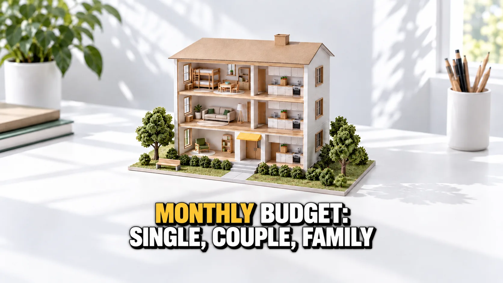 Cardboard model of a cut-open building with three flats, for a single person, a couple and a family