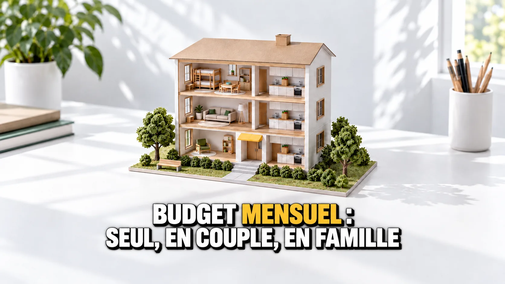 Maquette en carton d’un petit immeuble ouvert sur trois appartements, pour une personne seule, un couple et une famille
