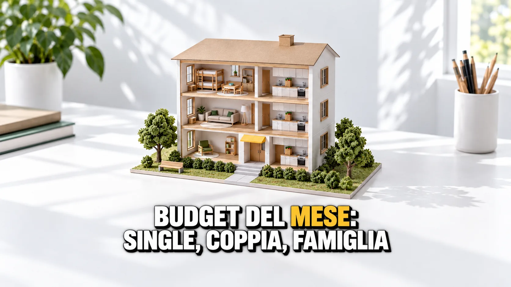 Modellino di cartone di una palazzina aperta su tre appartamenti, per un single, una coppia e una famiglia