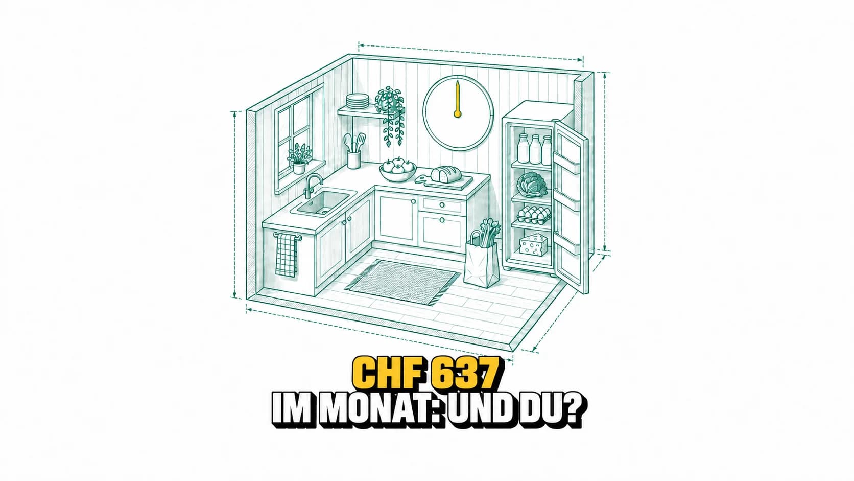 Technische Zeichnung von Küche, gefülltem Kühlschrank, Tasche und leerem Zifferblatt.