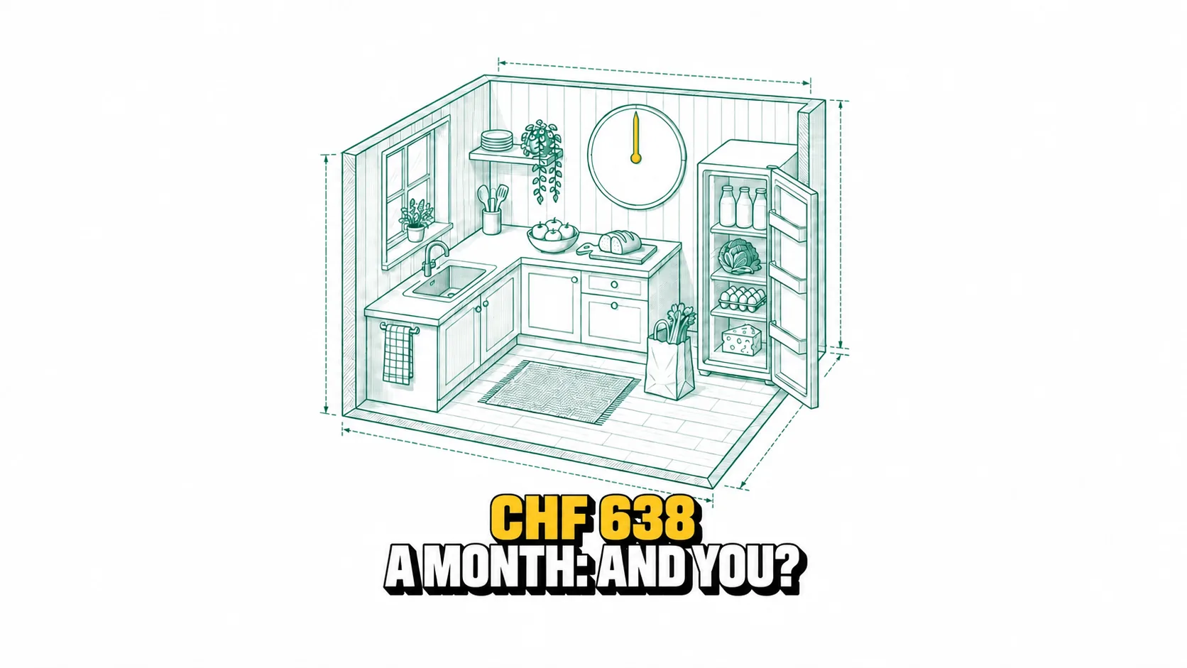 Technical drawing of a kitchen, full fridge, bag and blank dial.