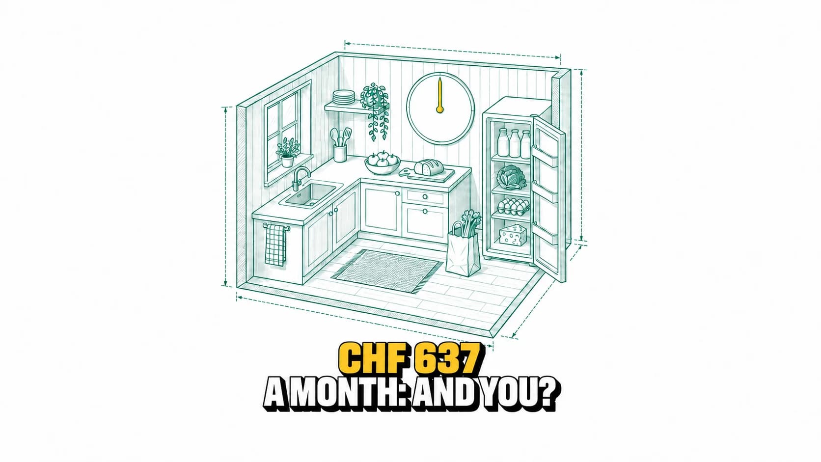 Technical drawing of a kitchen, full fridge, bag and blank dial.