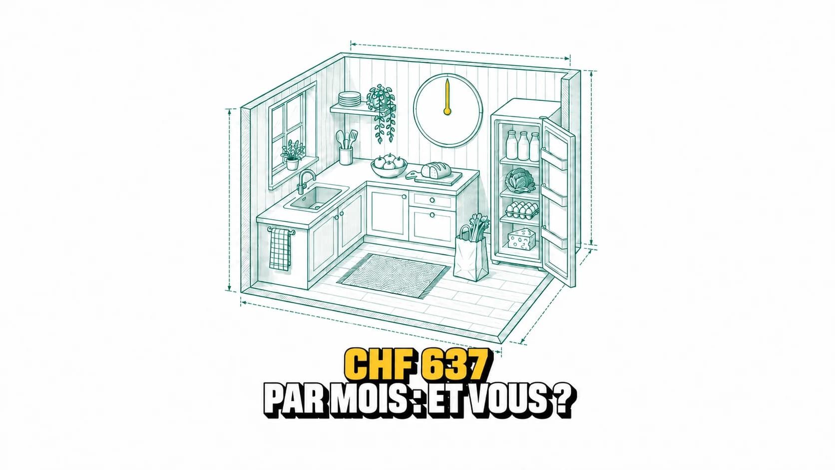 Dessin technique de cuisine, réfrigérateur rempli, sac et cadran vierge.