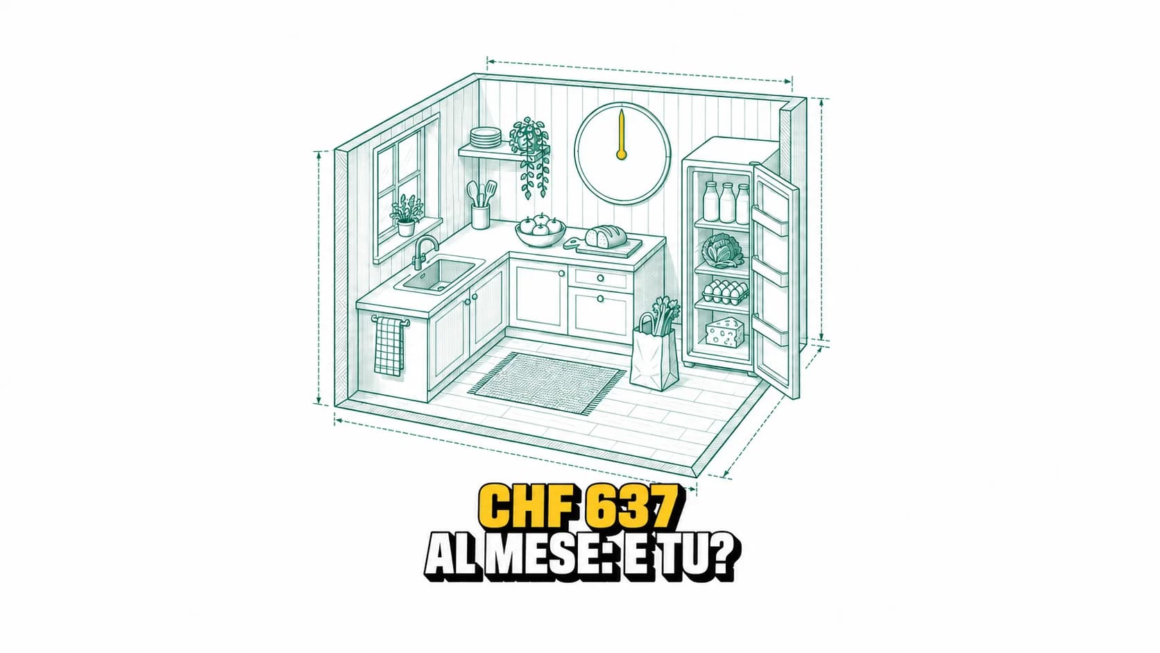 Disegno tecnico di cucina, frigorifero pieno, borsa e quadrante vuoto.