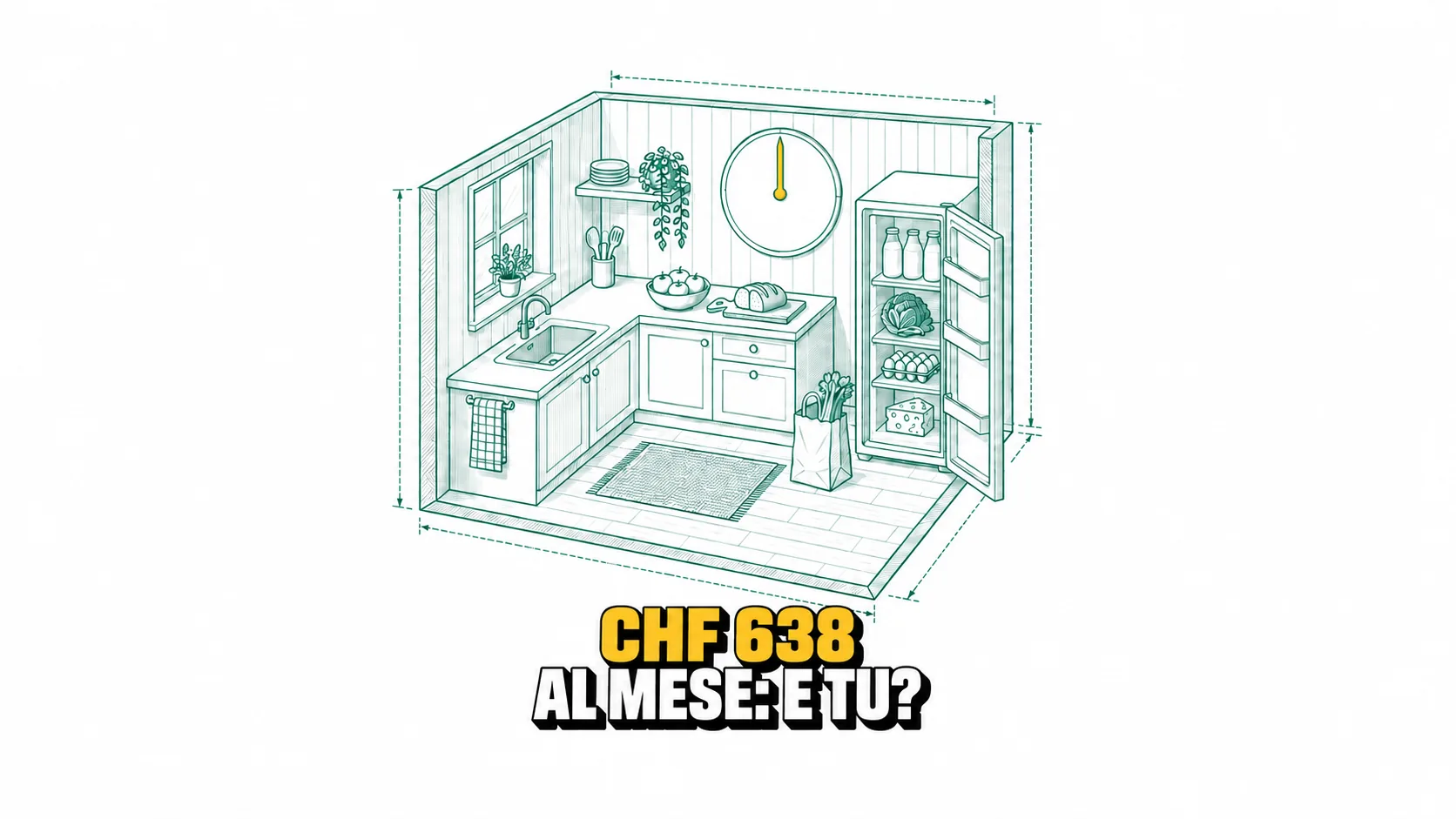 Disegno tecnico di cucina, frigorifero pieno, borsa e quadrante vuoto.