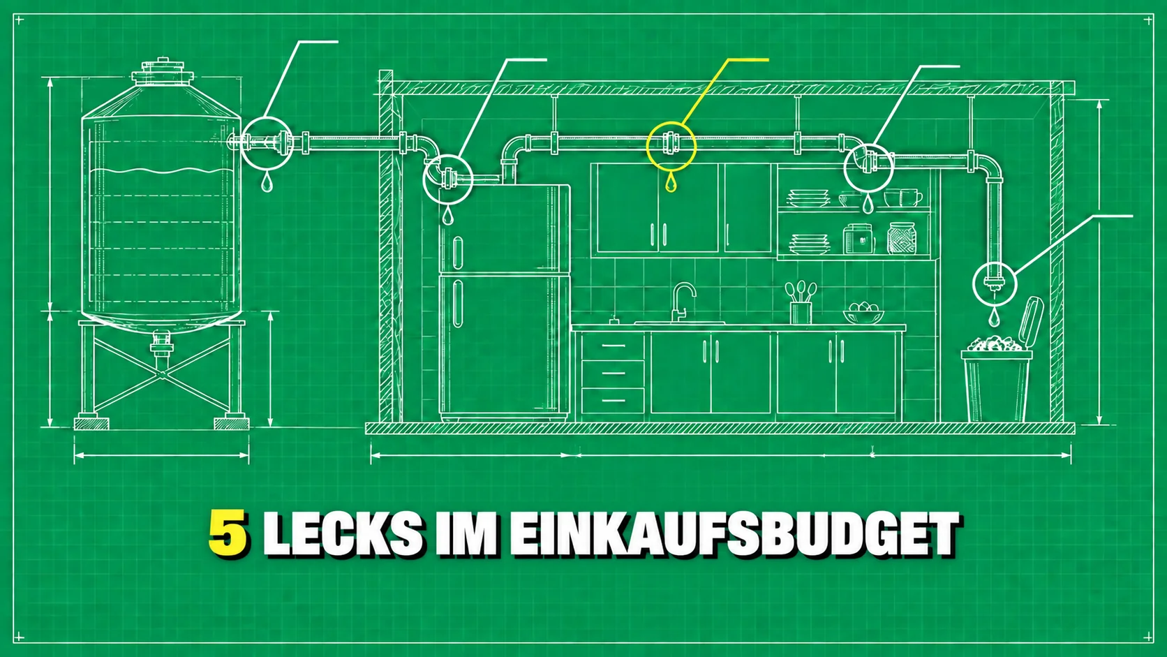 Technische Küchenzeichnung mit fünf eingekreisten Rohrlecks.