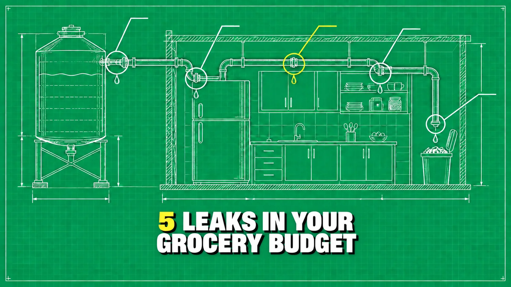 Technical kitchen drawing with five circled pipe leaks.