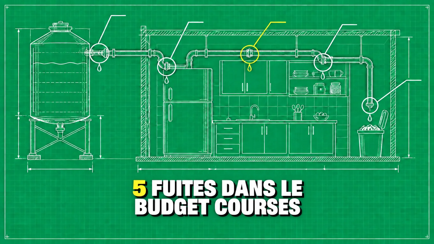 Dessin technique d’une cuisine avec cinq fuites de tuyaux entourées.