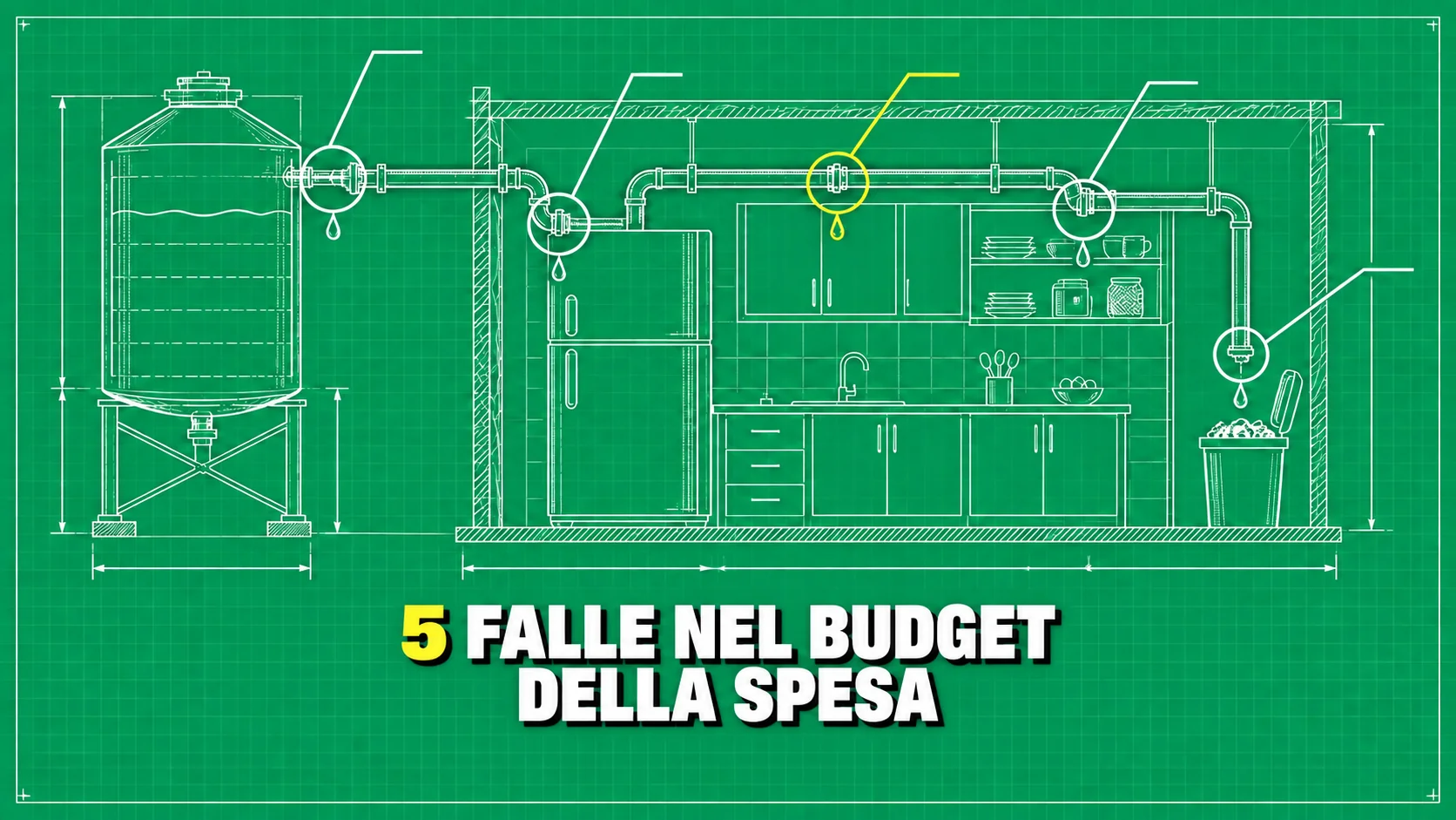 Disegno tecnico di una cucina con cinque perdite cerchiate nei tubi.
