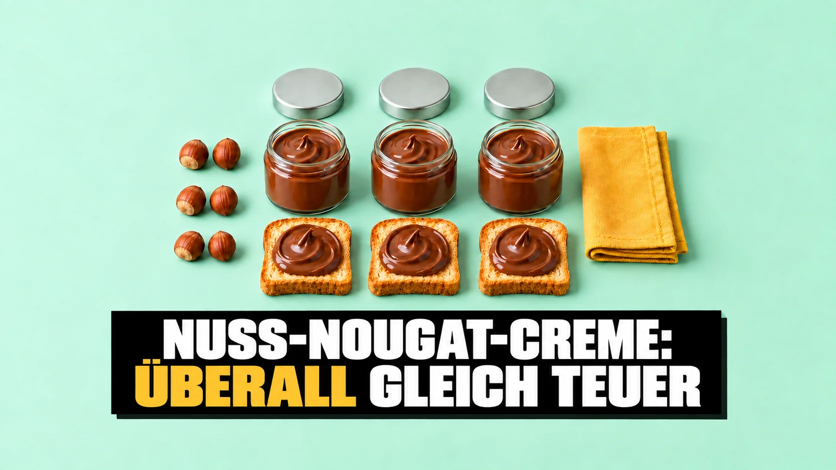Drei unbeschriftete Cremegläser mit Toast und Haselnüssen auf mintgrünem Grund.