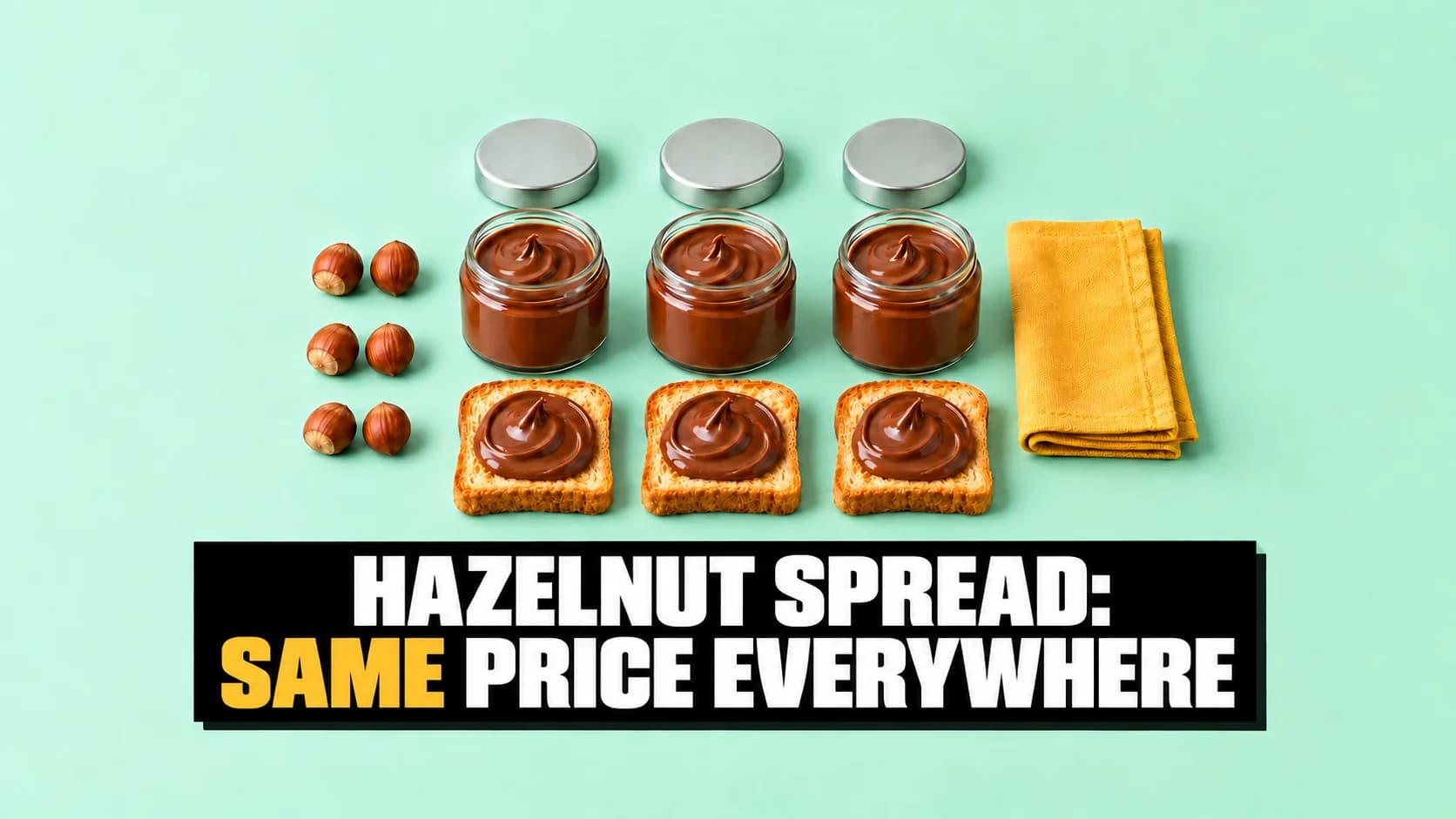 Three unbranded spread jars with toast and hazelnuts on a mint background.