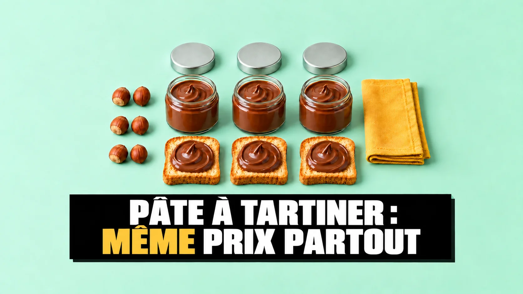 Trois pots de pâte à tartiner sans marque avec tartines et noisettes sur fond menthe.