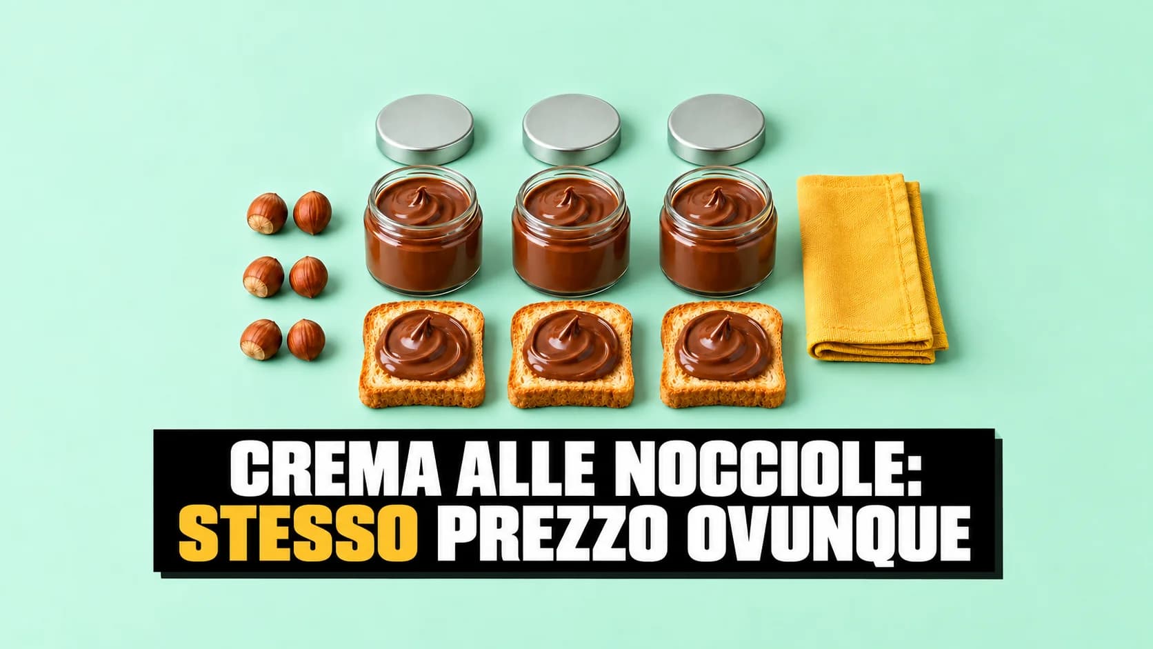 Tre barattoli anonimi di crema con toast e nocciole su fondo menta.