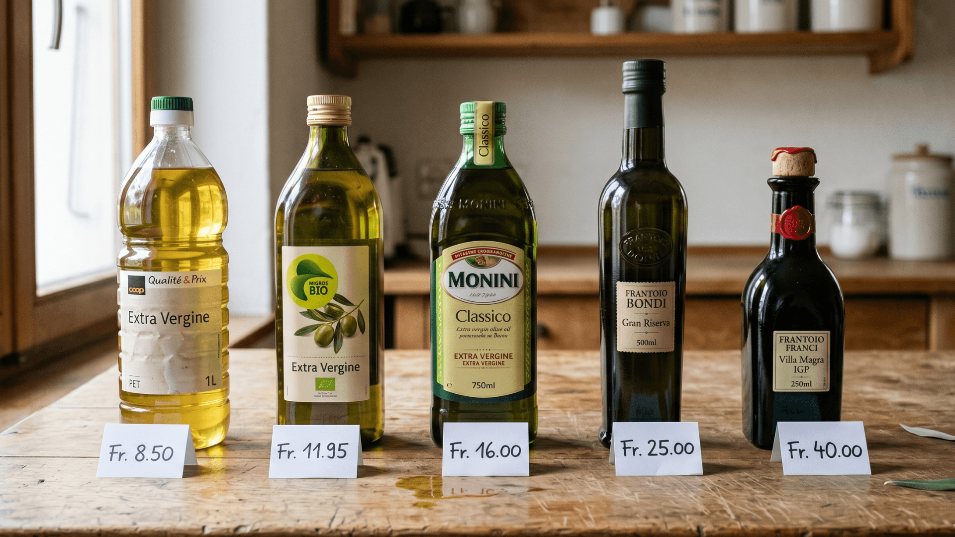 Prix de l'huile d'olive en Suisse — 7 enseignes comparées, vierge extra et AOP