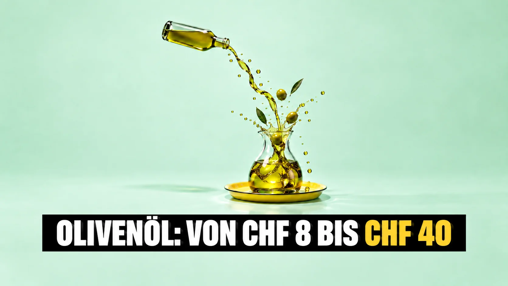 Ein gedrehtes Band Olivenöl fällt aus einer unbeschrifteten Flasche in eine Glaskaraffe