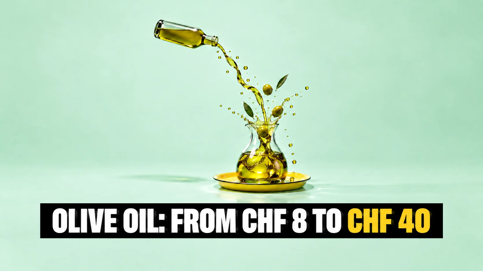 A twisting ribbon of olive oil pouring from an unlabelled bottle into a glass carafe