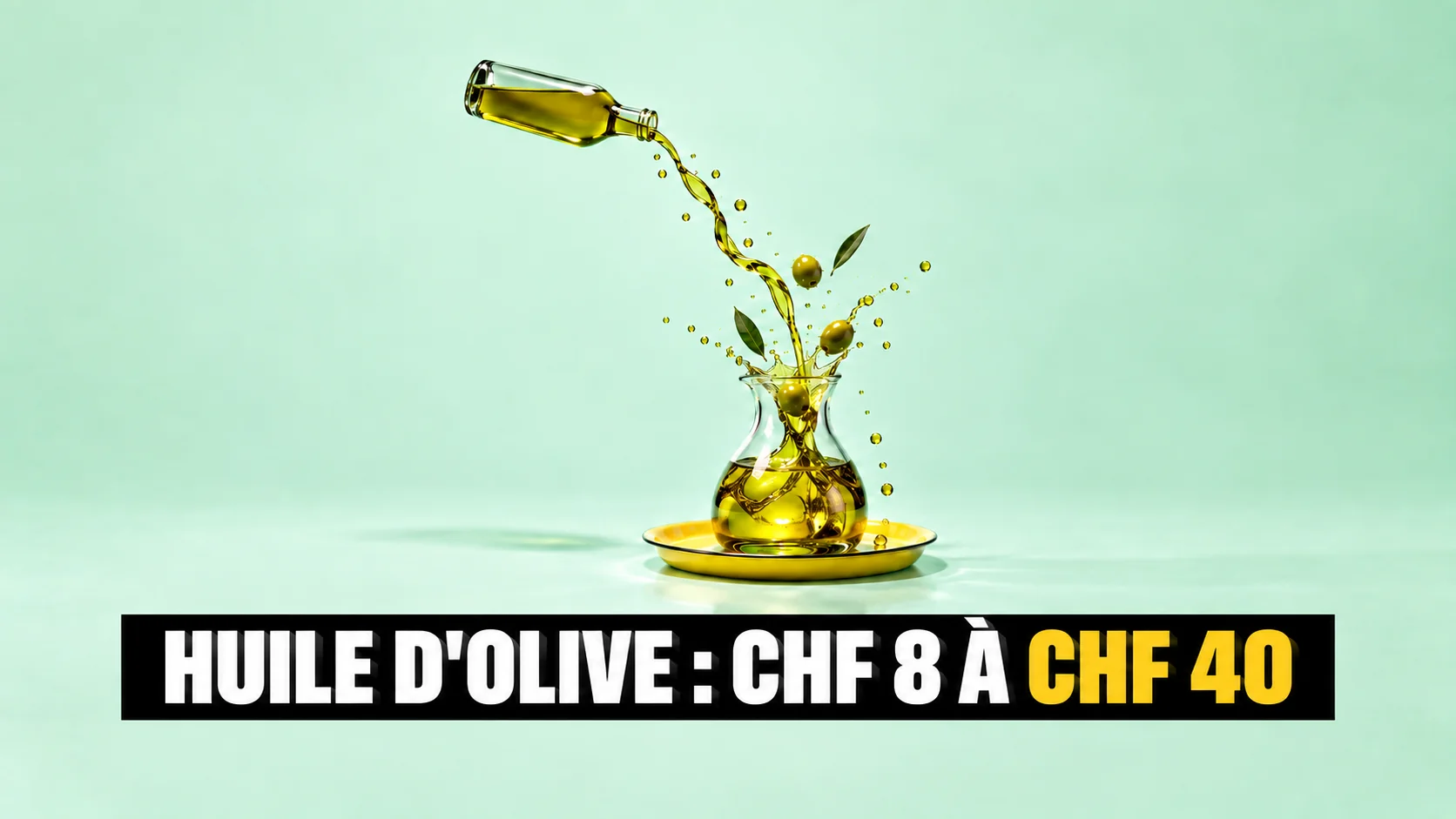 Un ruban torsadé d’huile d’olive coule d’une bouteille sans étiquette dans une carafe en verre