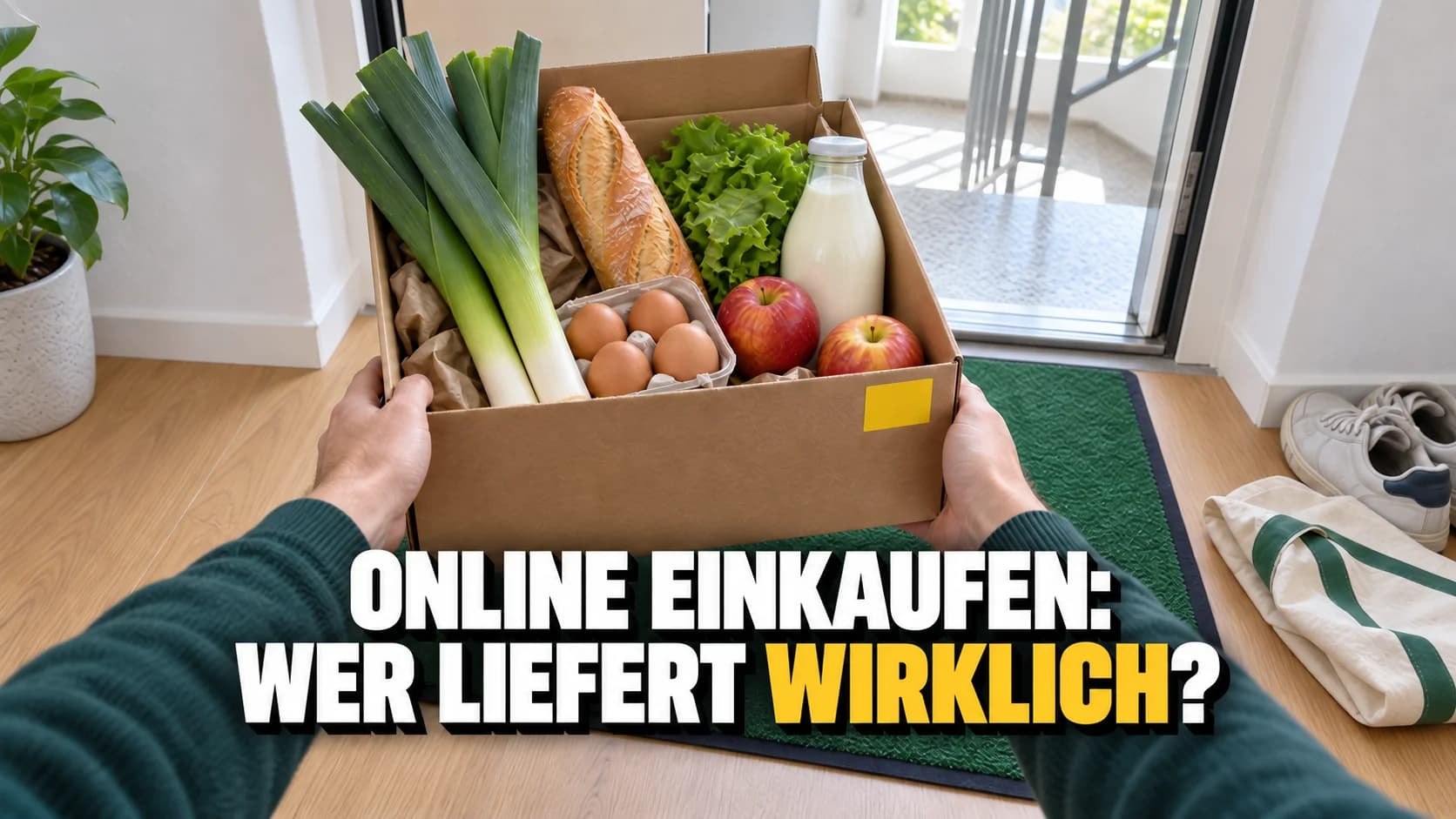 Zwei Hände heben eine mit Lebensmitteln gefüllte Kartonkiste an einer Wohnungstür hoch.