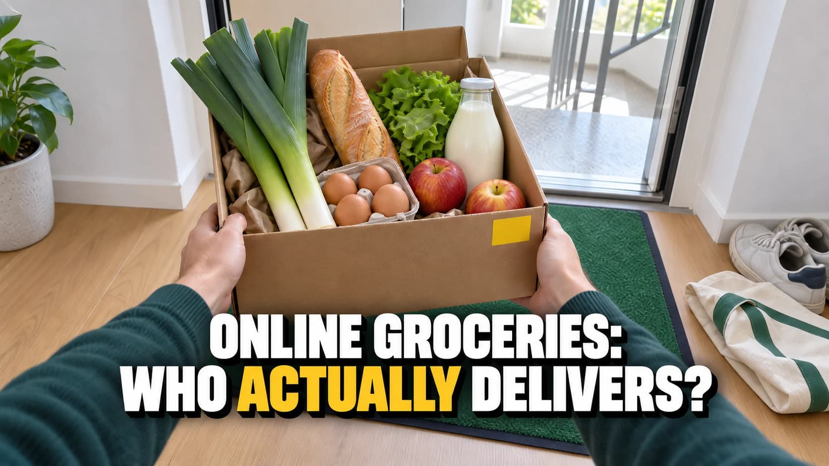Two hands lift a cardboard grocery box at an apartment doorway.