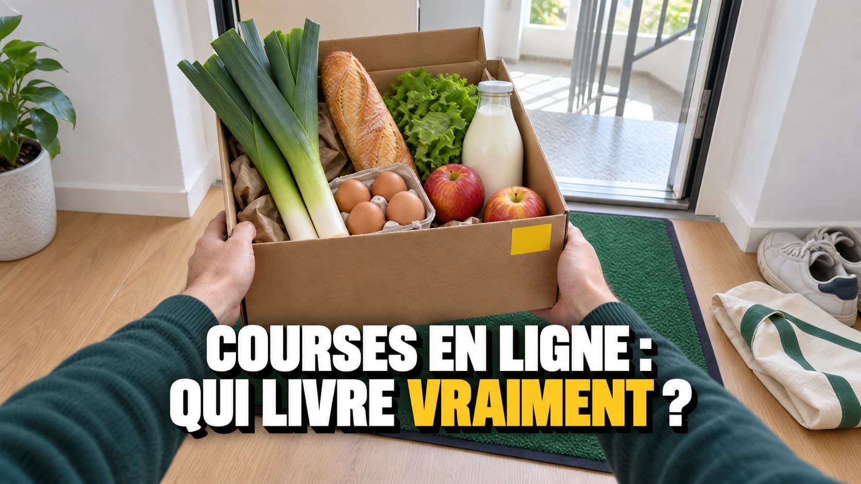 Deux mains soulèvent une caisse de courses en carton devant une porte d’appartement.