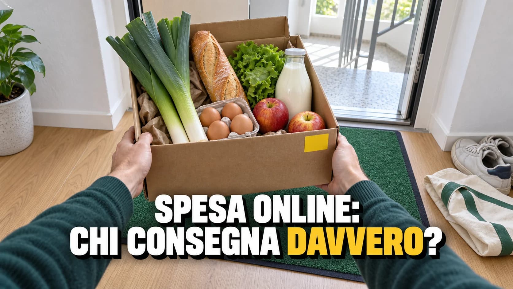 Due mani sollevano una cassetta di cartone piena di spesa dallo zerbino di un appartamento.