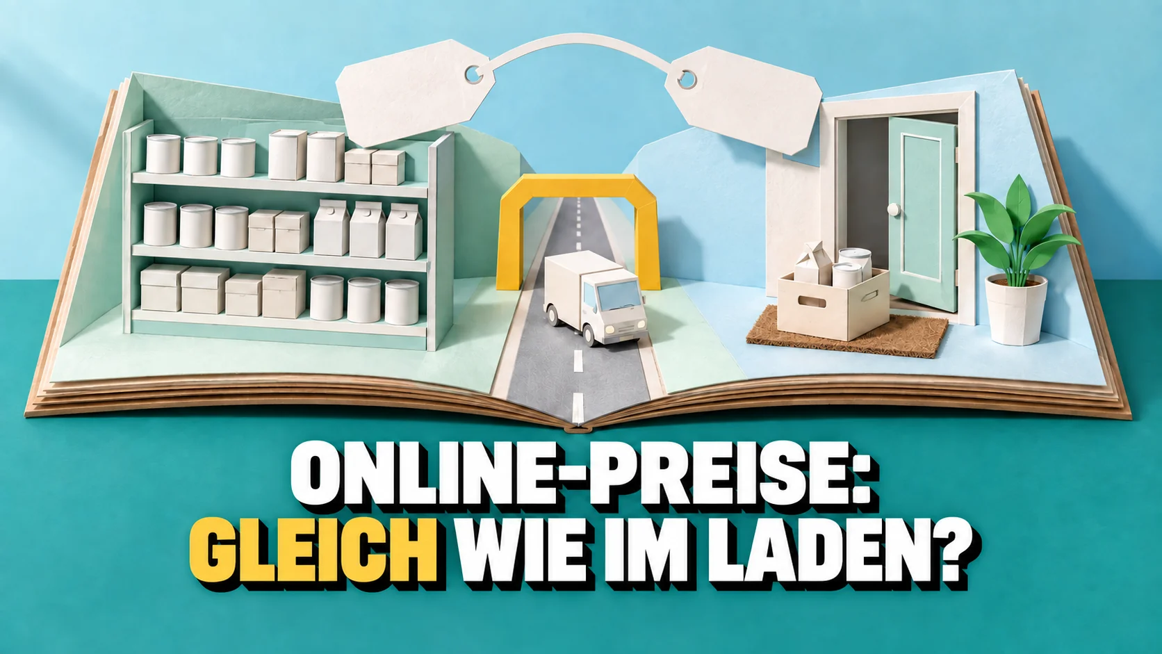 Pop-up-Buch mit Supermarktgang und Haustür, verbunden durch eine Strasse und zwei leere Preisschilder.