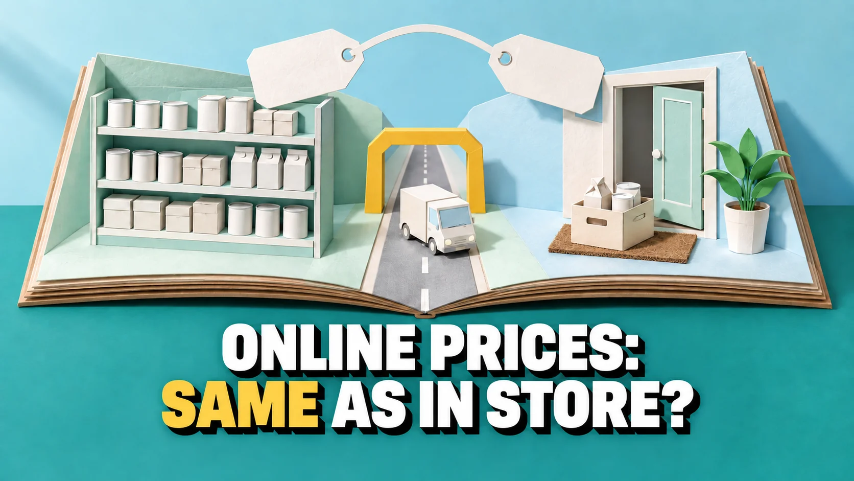 Pop-up book showing a supermarket aisle and home doorway, a road and two blank price tags.