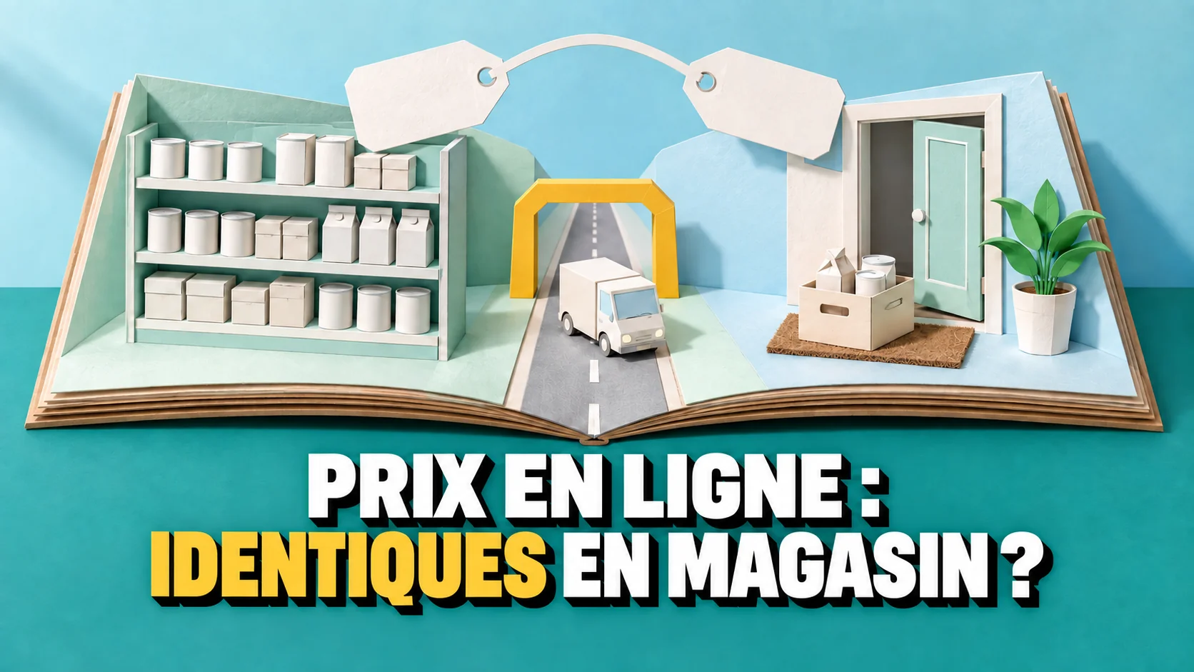 Livre pop-up avec allée de supermarché et porte de maison, route et deux étiquettes vierges.