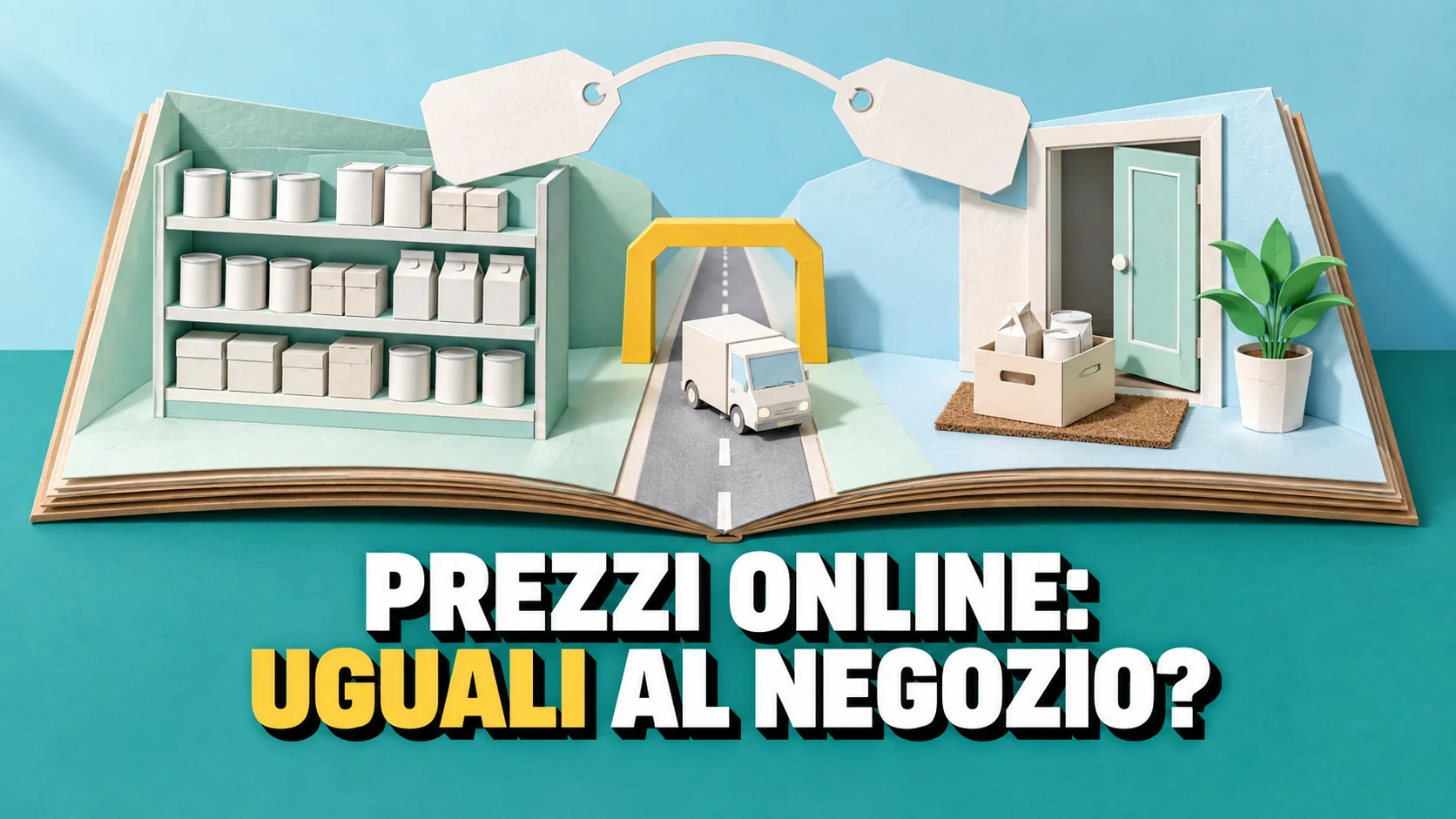 Libro pop-up di carta: a sinistra una corsia di supermercato ritagliata, a destra una porta di casa con una cassa, una stradina con furgoncino e due cartellini bianchi uniti da un nastro