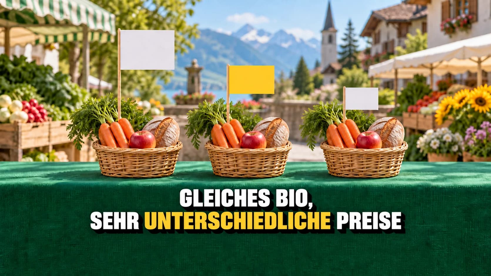 Drei Körbe mit gleichen Lebensmitteln und leeren Schildern in verschiedener Höhe.