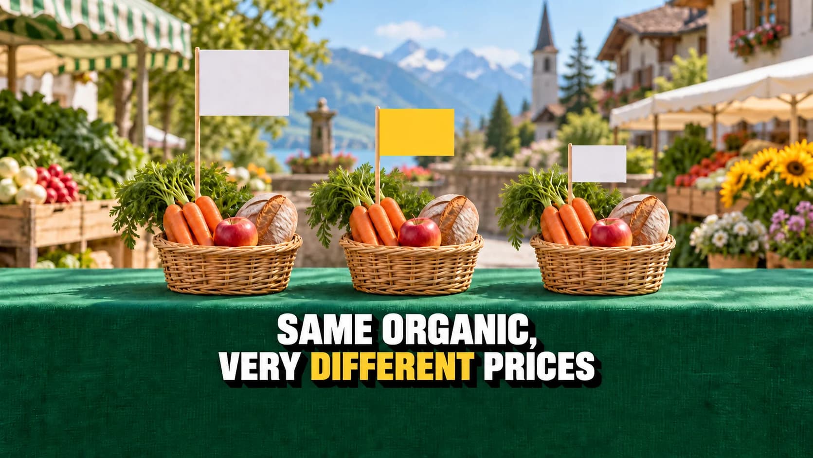 Three matching grocery baskets with blank tags at different heights.
