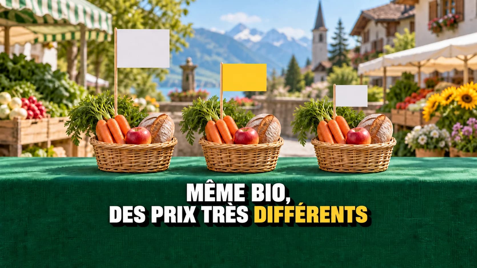Trois paniers d’aliments identiques avec des étiquettes vierges à différentes hauteurs.