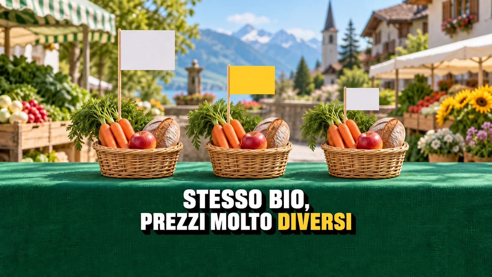 Tre cestini con gli stessi alimenti e cartellini vuoti ad altezze diverse.