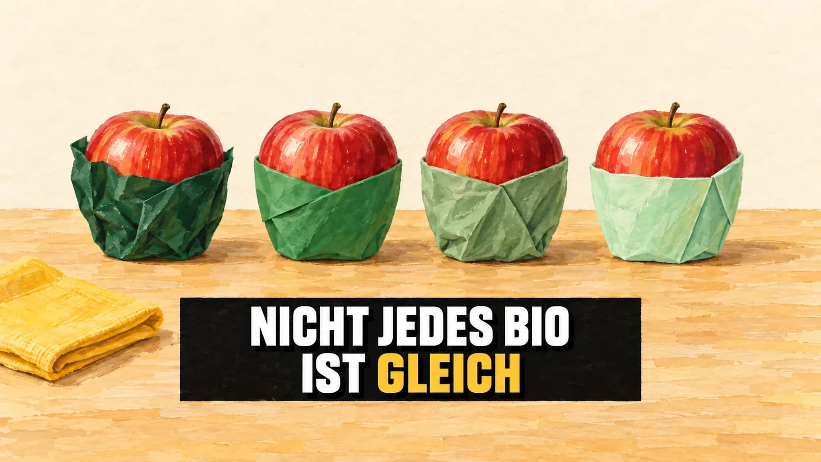 Vier rote Äpfel in verschiedenen grünen Hüllen als Gouachebild.