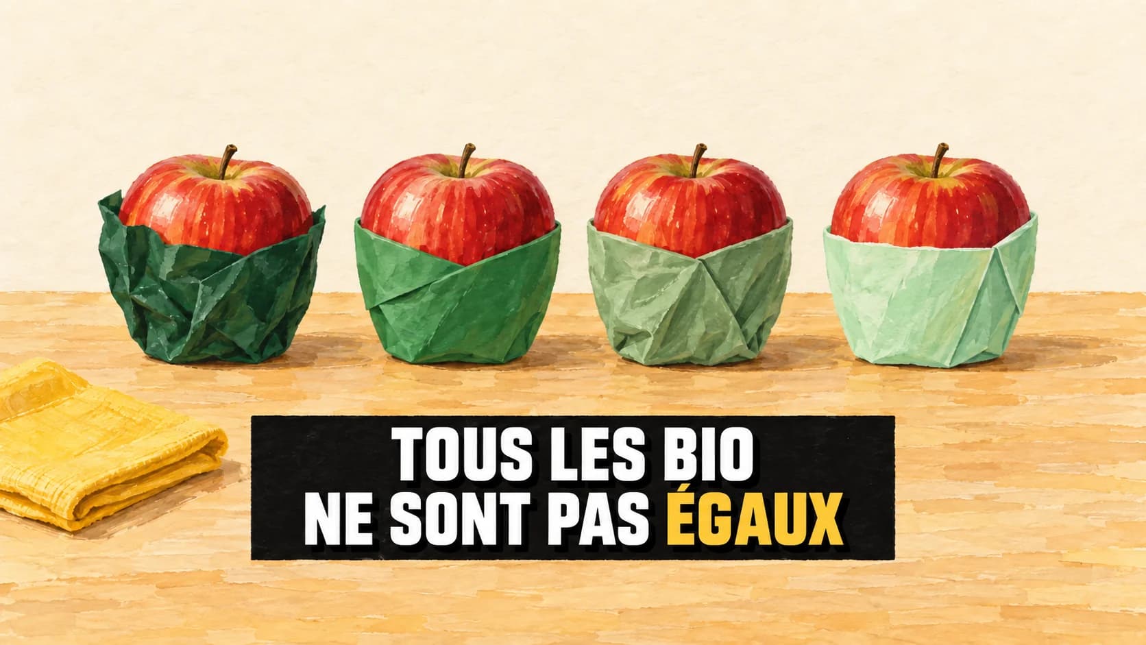 Quatre pommes rouges dans différents emballages verts, peintes à la gouache.