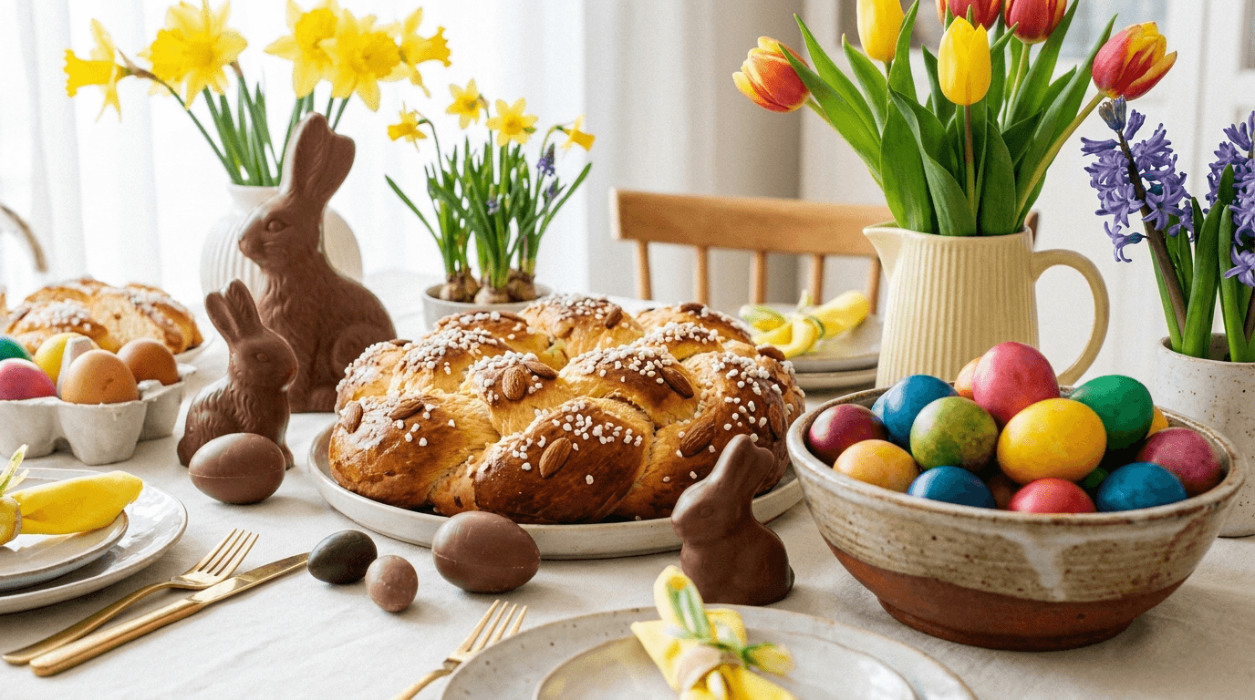 Table de Pâques joyeuse avec œufs en chocolat, œufs colorés et fleurs de printemps