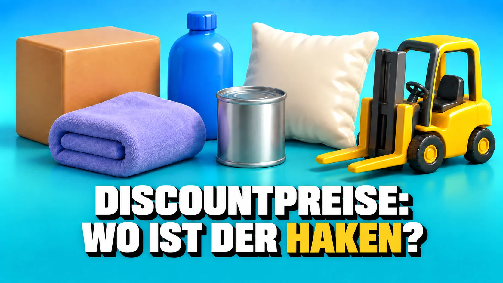 Glänzende 3D-Objekte: neutraler Karton, Flasche, Tuch, Kissen, Dose und gelber Gabelstapler.