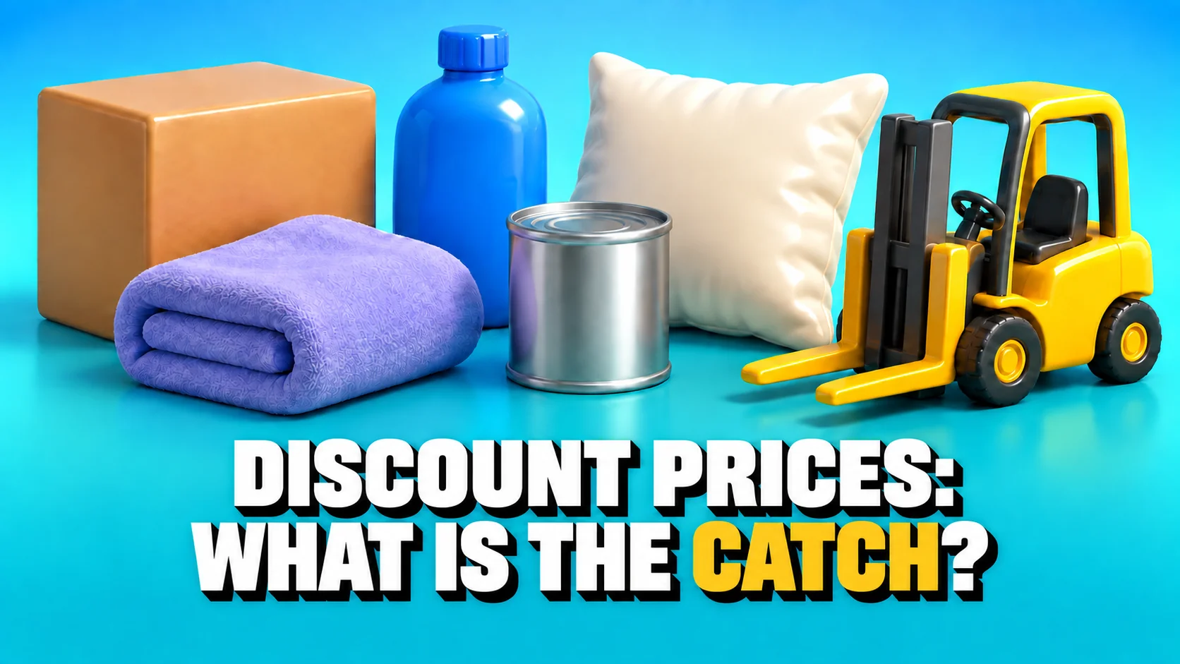 Glossy 3D objects: a plain carton, bottle, towel, cushion, tin and yellow forklift.