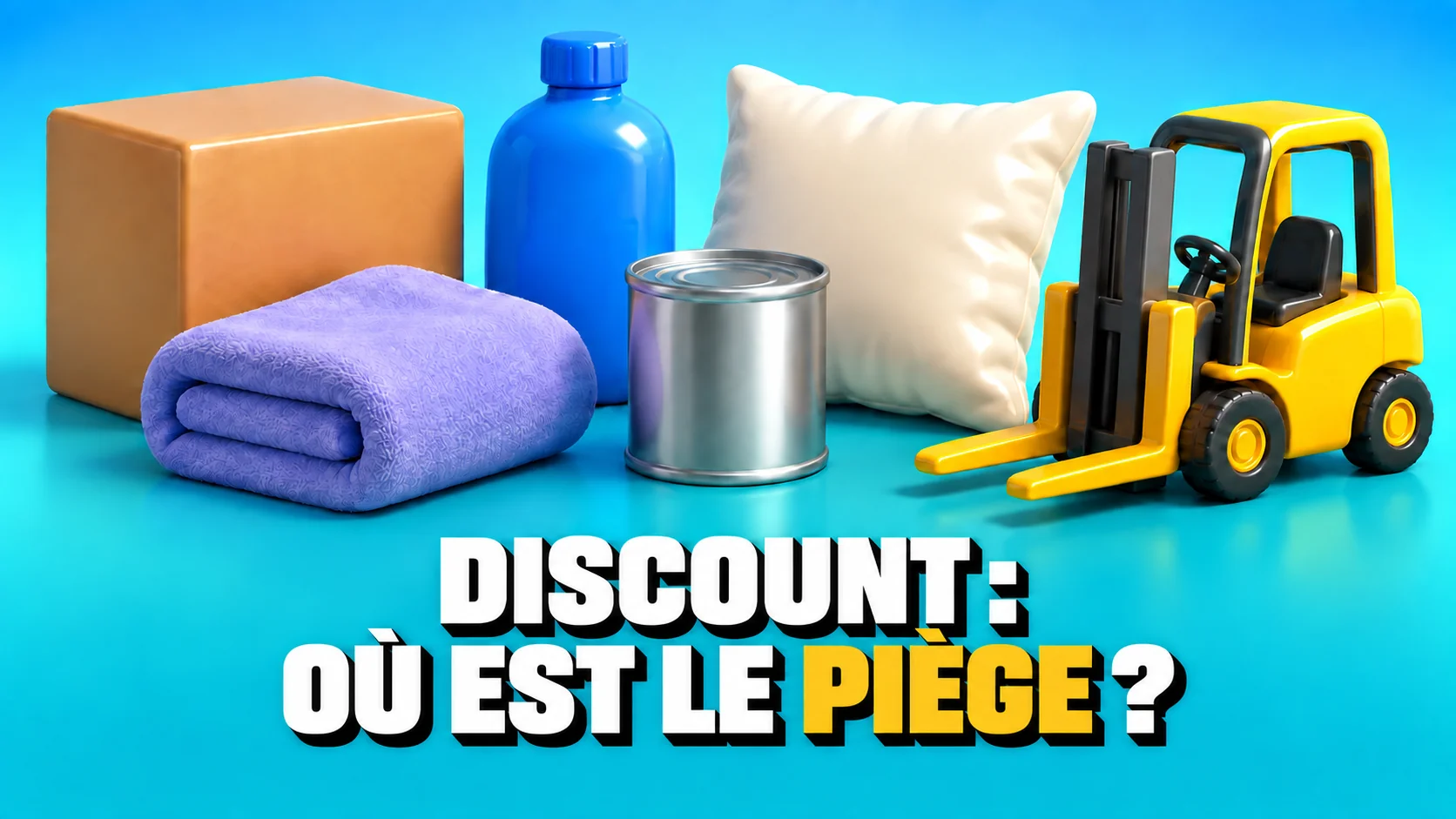 Objets 3D brillants : carton neutre, bouteille, serviette, coussin, boîte et chariot jaune.