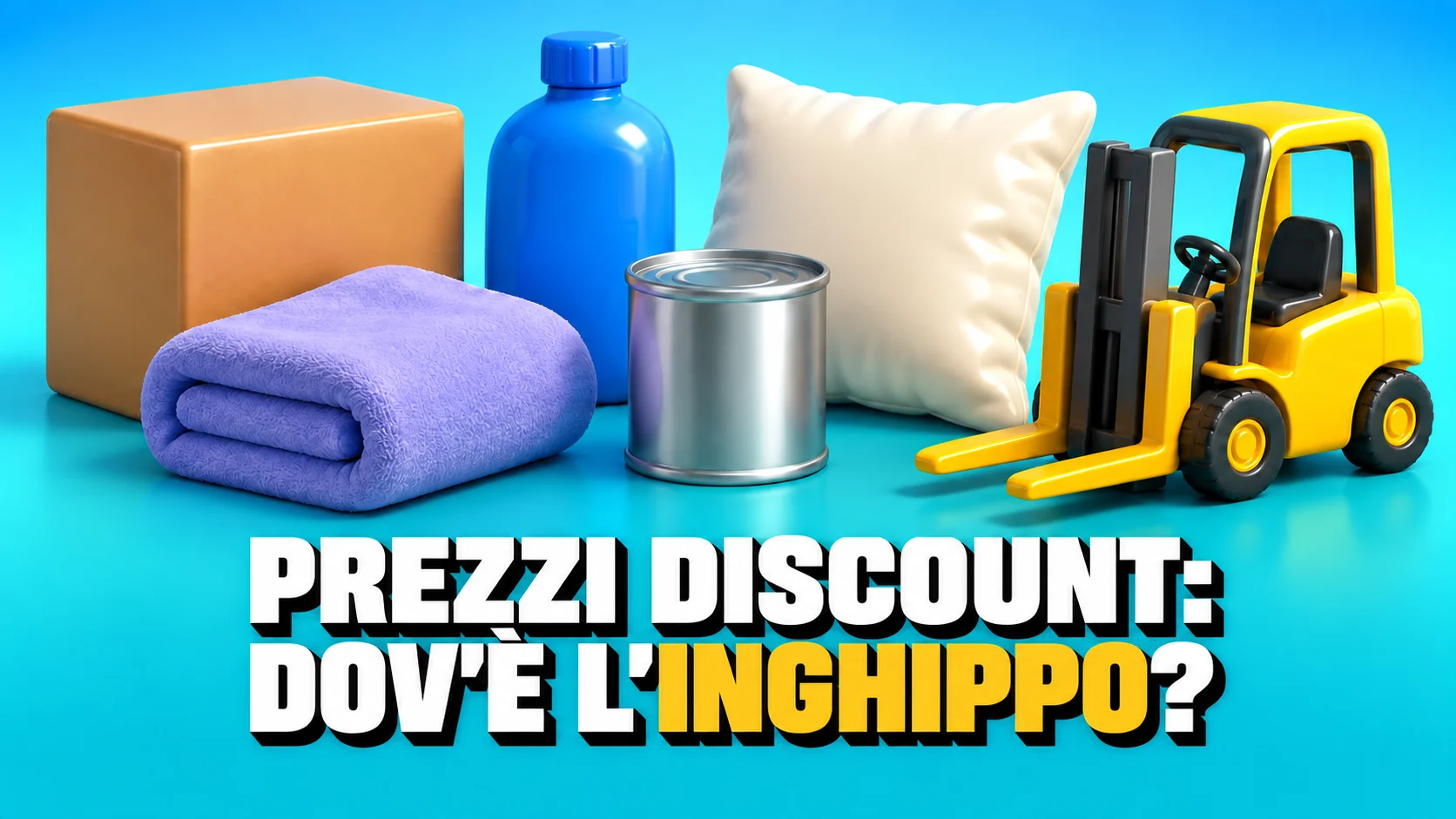 Icone 3D lucide: scatola senza marchio, bottiglia blu, asciugamano viola, cuscino bianco, barattolo e muletto giallo.