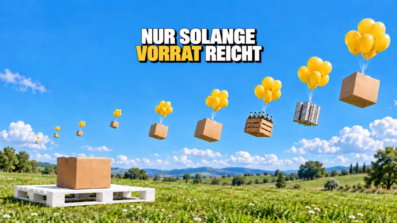 Kartons und Waren steigen an gelben Ballons über einer Wiese; eine Kiste bleibt auf weisser Palette.