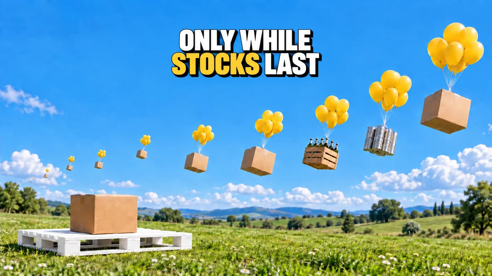 Goods rise on yellow balloons above a meadow; one box remains on a white pallet.