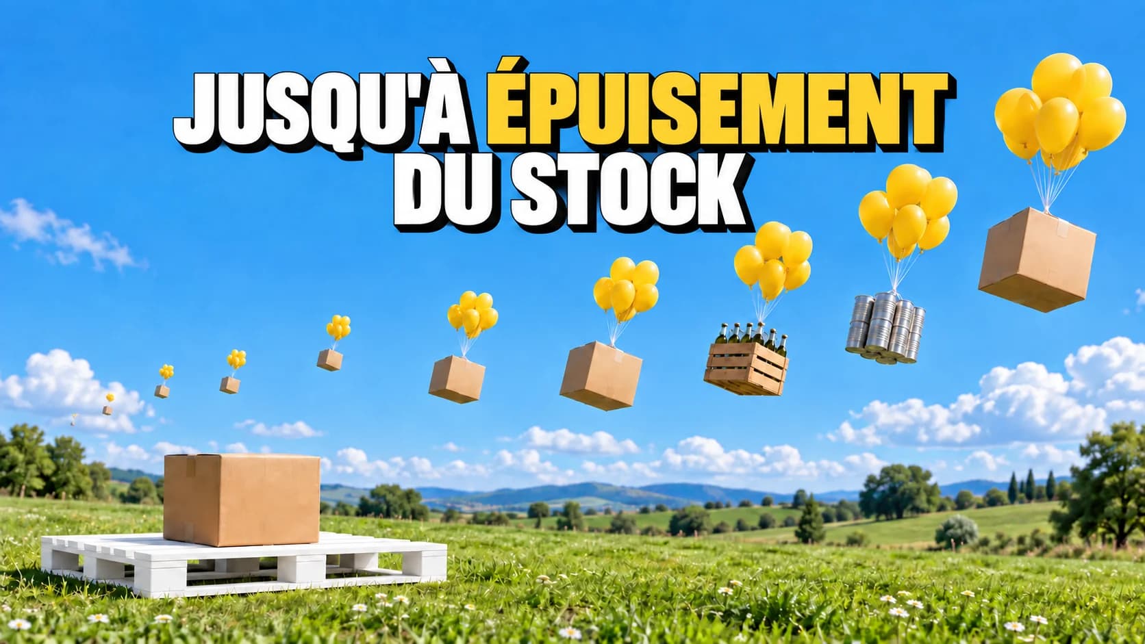 Des marchandises s’envolent sous des ballons jaunes ; un carton reste sur une palette blanche.