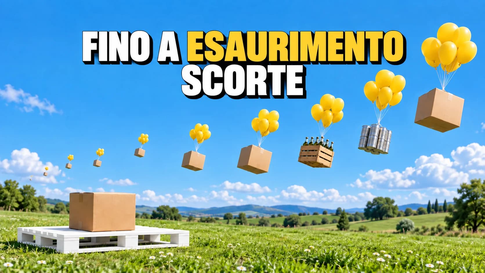 Scatoloni e merci salgono sopra un prato appesi a palloncini gialli; una sola scatola resta su un pallet bianco senza marchi.