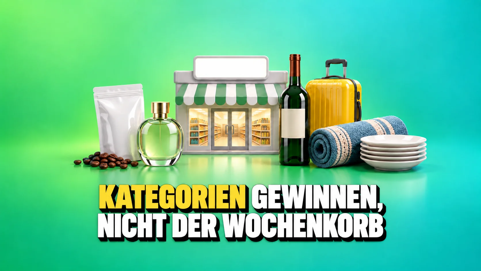 Neutraler Laden mit Kaffee, Parfüm, Wein, Koffer, Teppich und Tellern.
