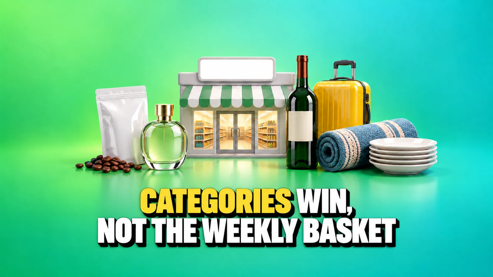 Generic shop with coffee, perfume, wine, a suitcase, rug and plates.