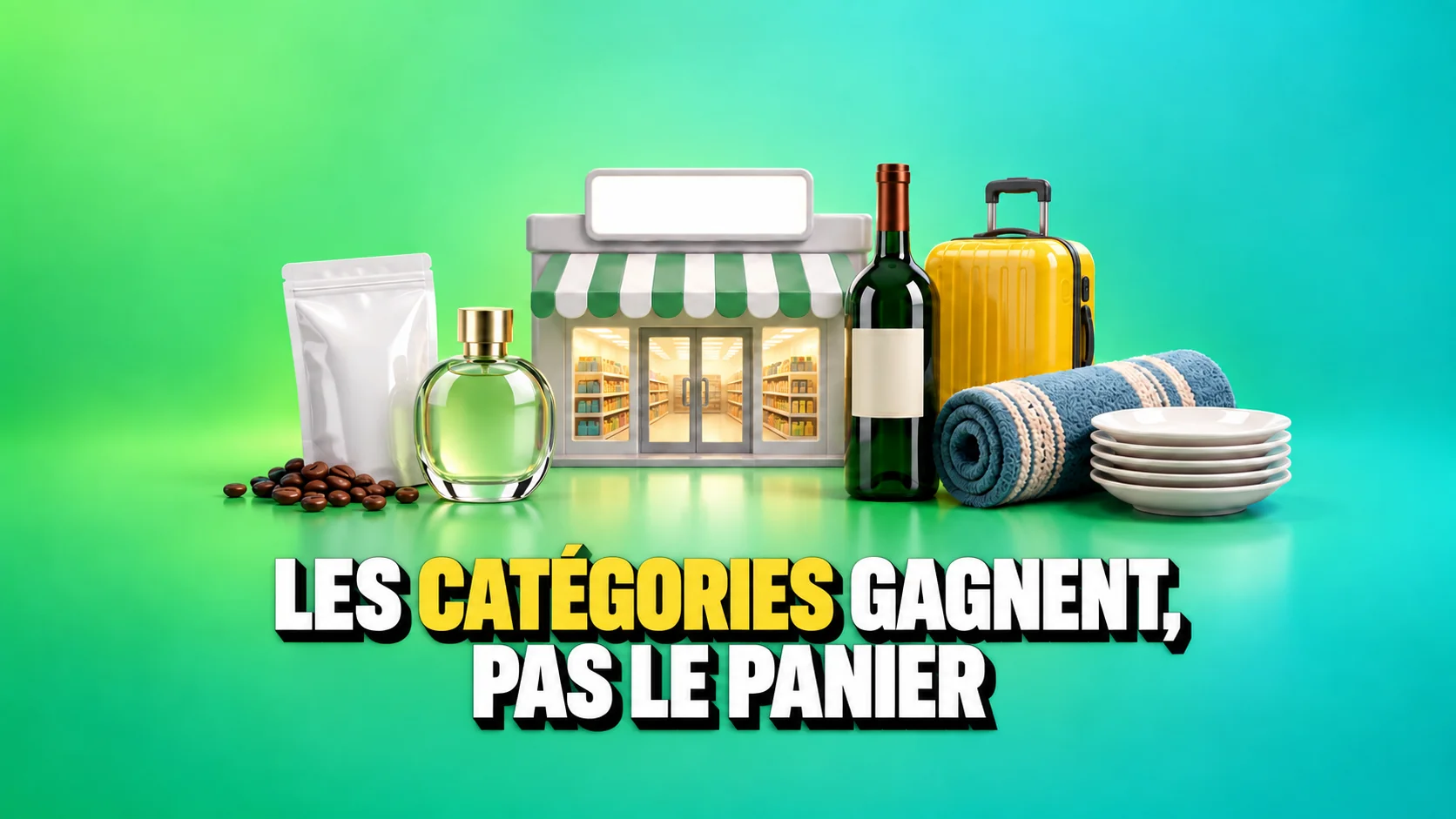 Magasin générique avec café, parfum, vin, valise, tapis et assiettes.