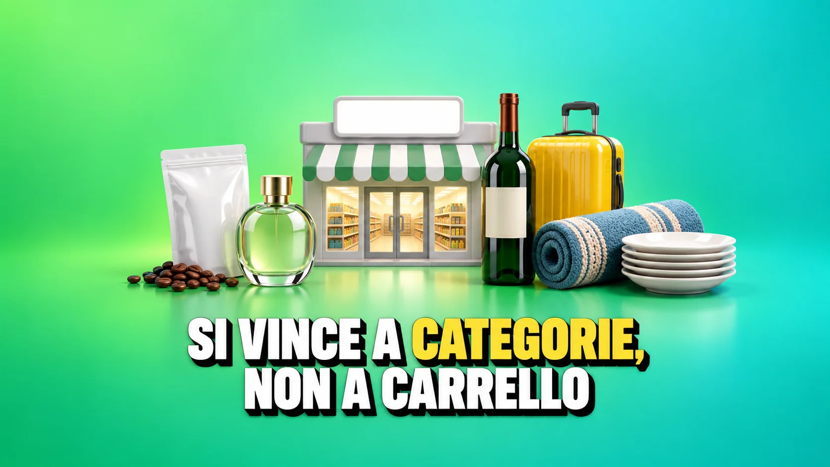 Negozio generico con caffè, profumo, vino, valigia, tappeto e piatti.