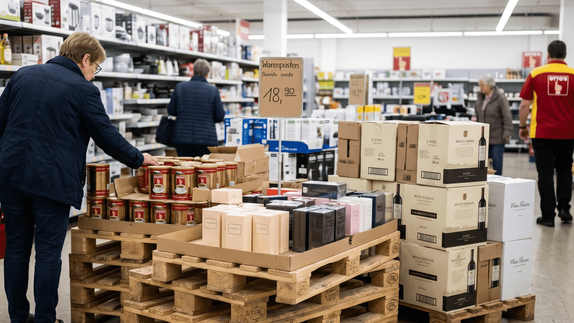 Interior of an Otto's store in Switzerland with stacked Warenposten clearance pallets in foreground